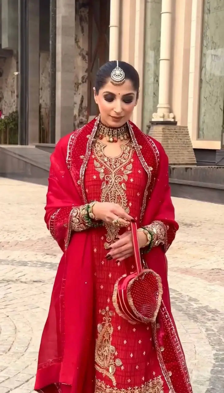 Crimson Red Pure Crunchy Silk Sequins Embroidered Kurti Palazzo Set for Wedding Wear
