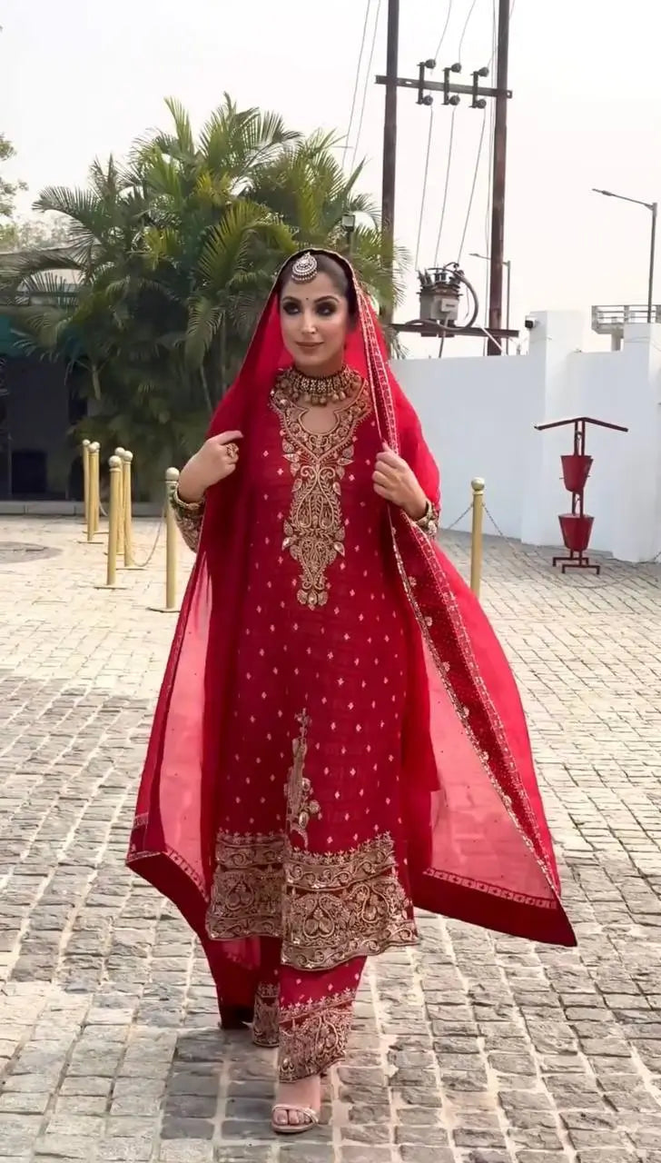 Crimson Red Pure Crunchy Silk Sequins Embroidered Kurti Palazzo Set for Wedding Wear