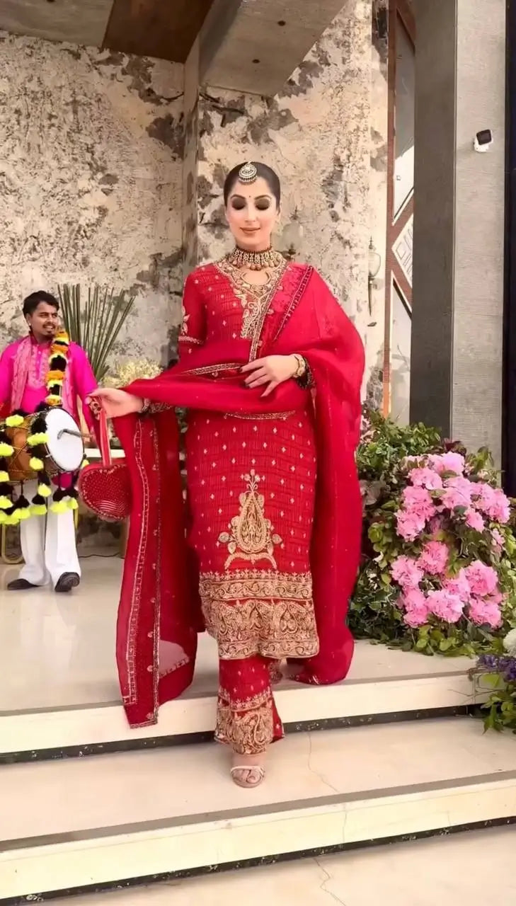 Crimson Red Pure Crunchy Silk Sequins Embroidered Kurti Palazzo Set for Wedding Wear