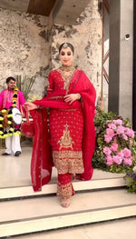 Crimson Red Pure Crunchy Silk Sequins Embroidered Kurti Palazzo Set for Wedding Wear