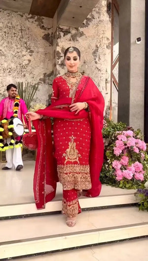 Crimson Red Pure Crunchy Silk Sequins Embroidered Kurti Palazzo Set for Wedding Wear