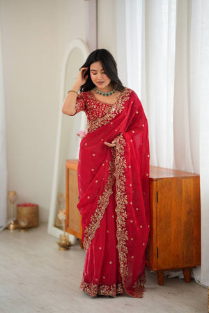 Crimson Sequin Embroidered Saree