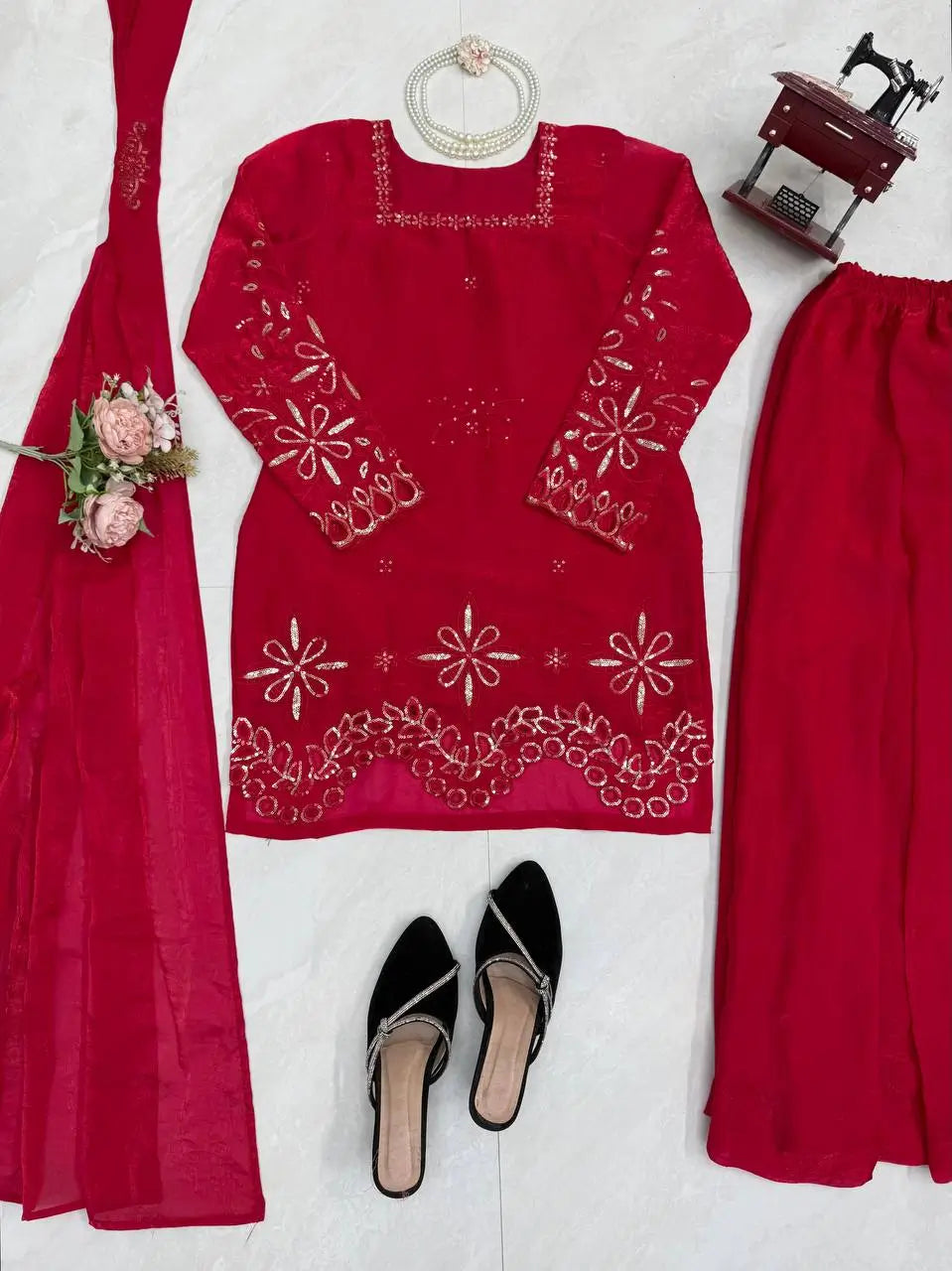 Crimson Sequin Floral Kurti