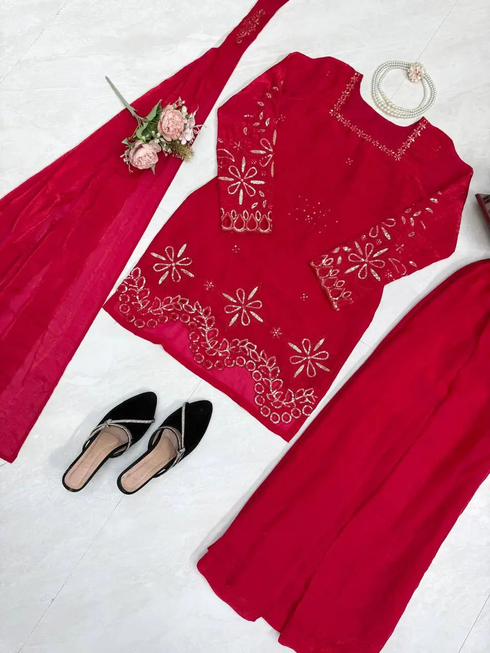 Crimson Sequin Floral Kurti
