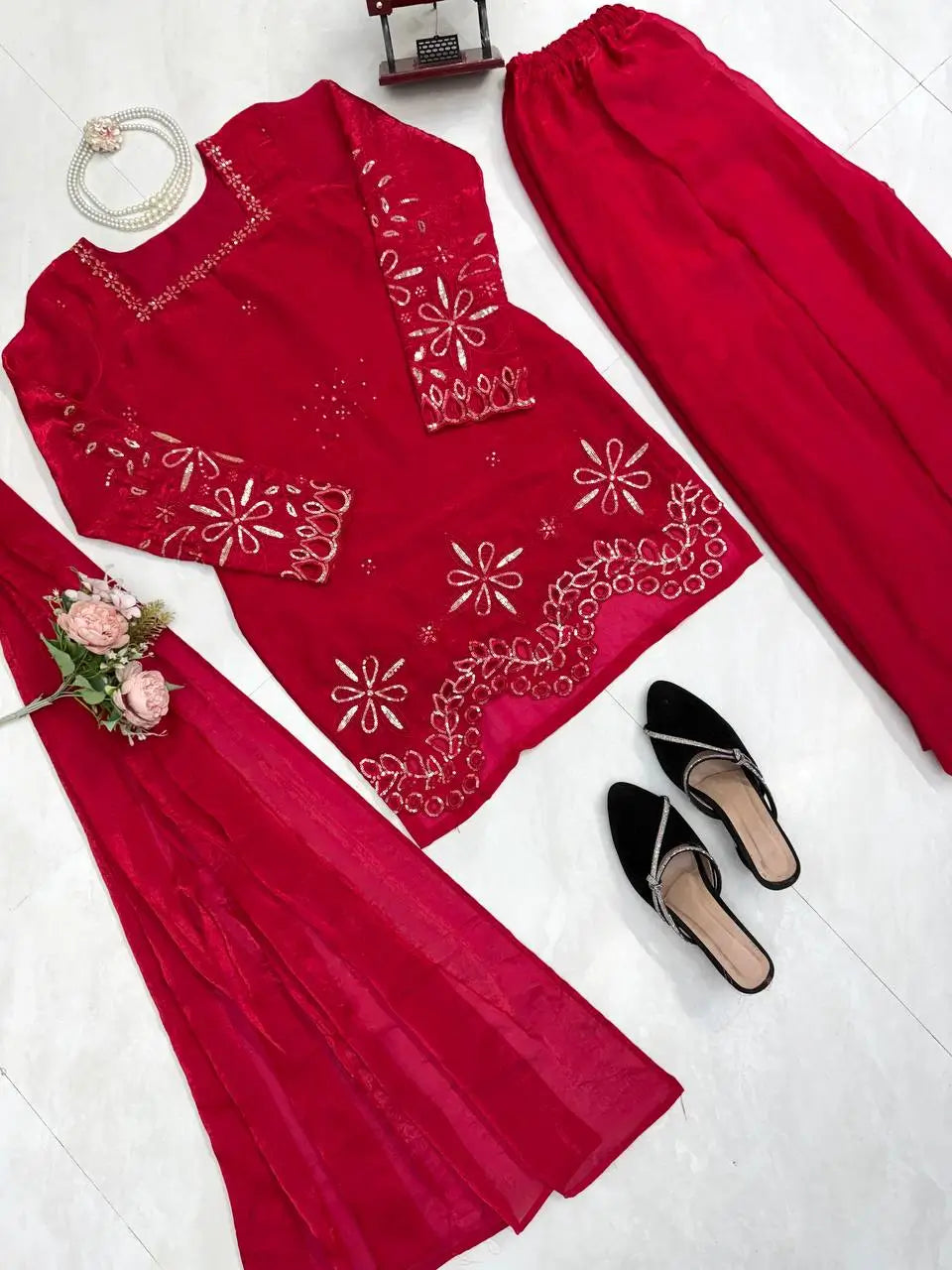 Crimson Sequin Floral Kurti