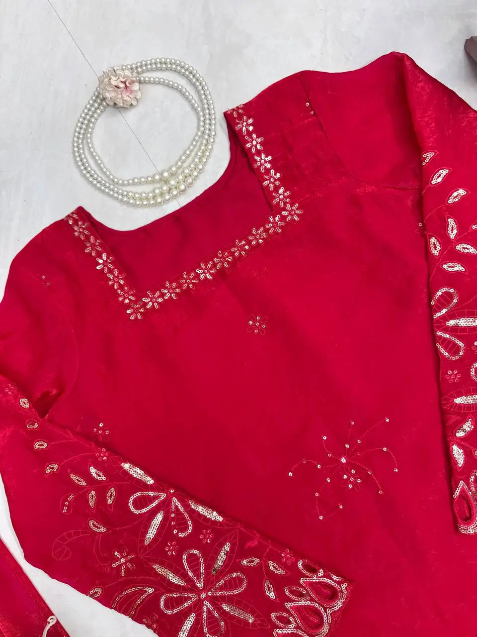 Crimson Sequin Floral Kurti