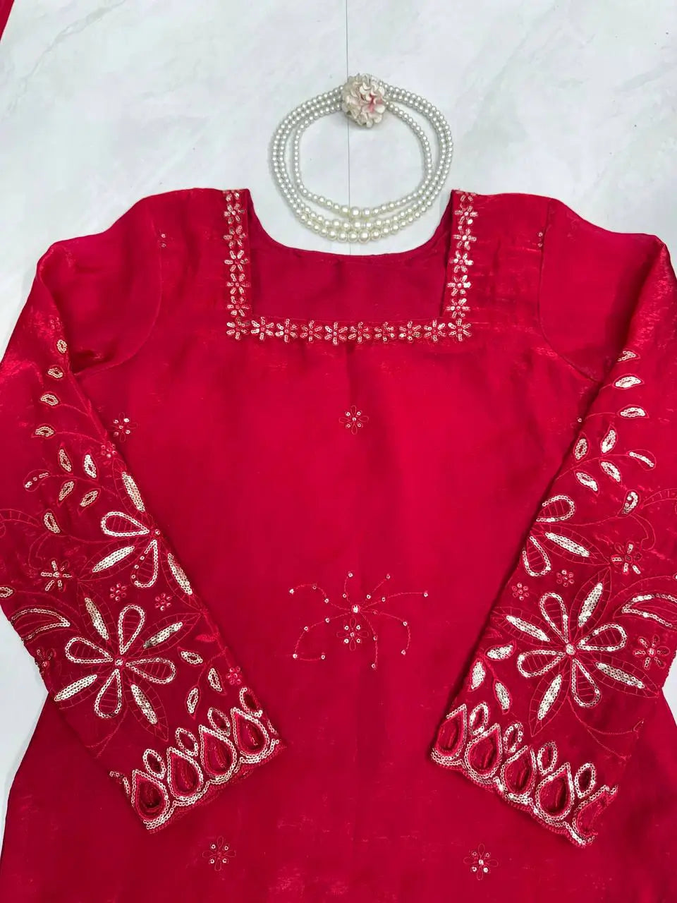 Crimson Sequin Floral Kurti