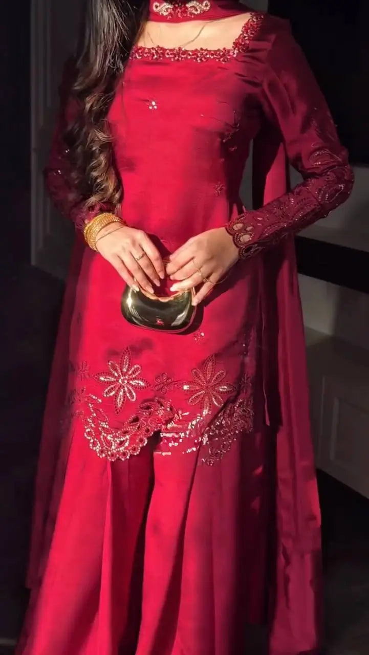 Crimson Sequin Floral Kurti