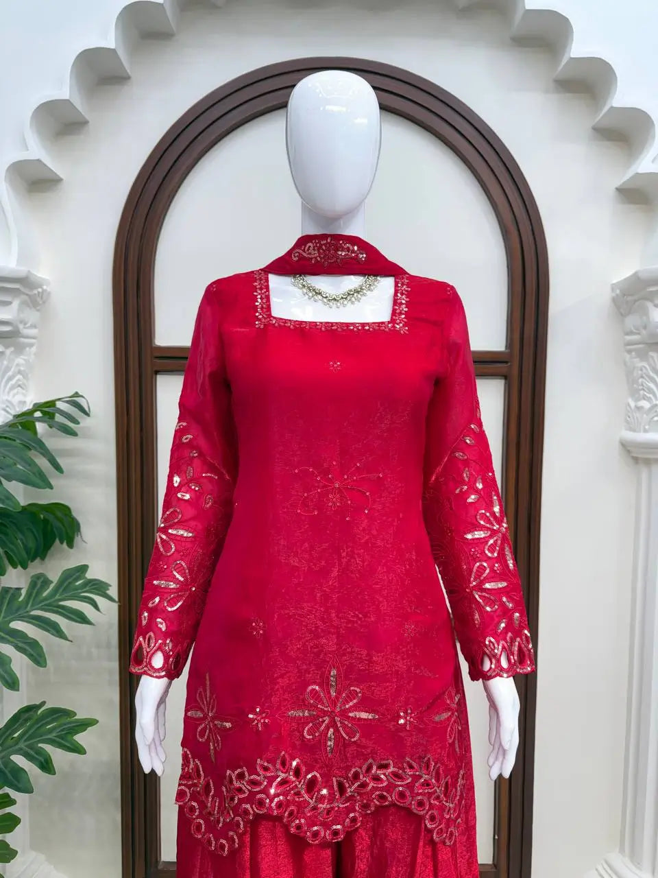 Crimson Sequin Floral Kurti