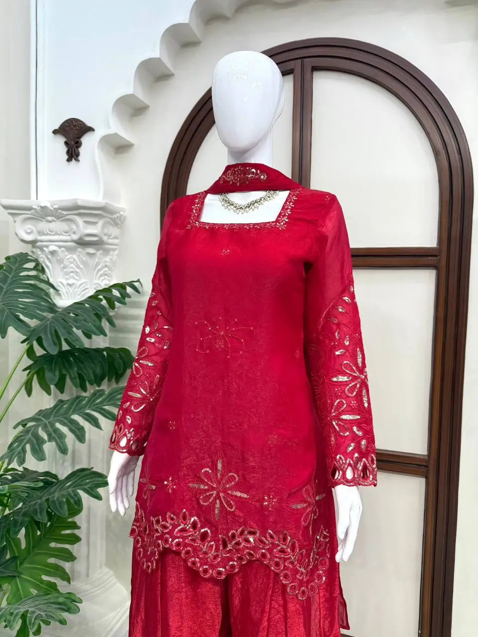 Crimson Sequin Floral Kurti