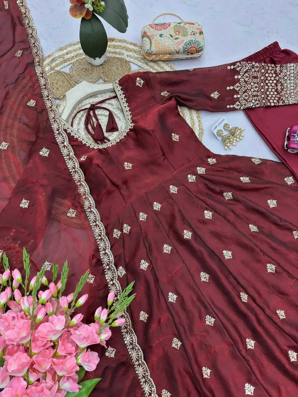 Crimson Two Tone Silk Anarkali Gown with Dupatta