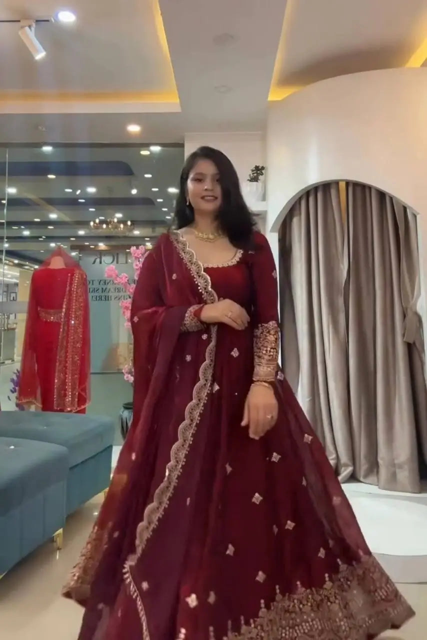 Crimson Two Tone Silk Anarkali Gown with Dupatta