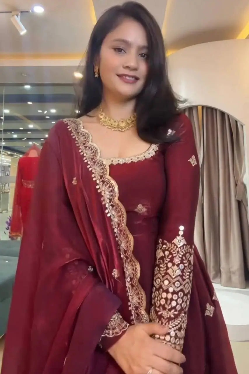 Crimson Two Tone Silk Anarkali Gown with Dupatta
