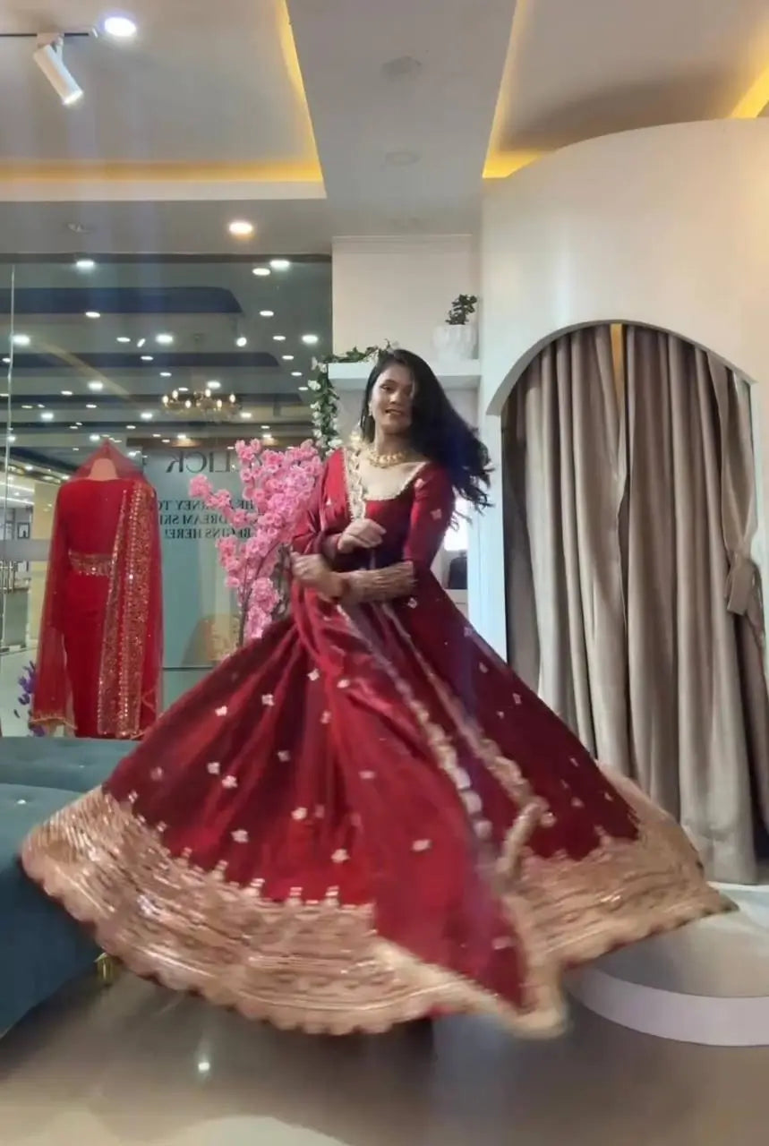 Crimson Two Tone Silk Anarkali Gown with Dupatta