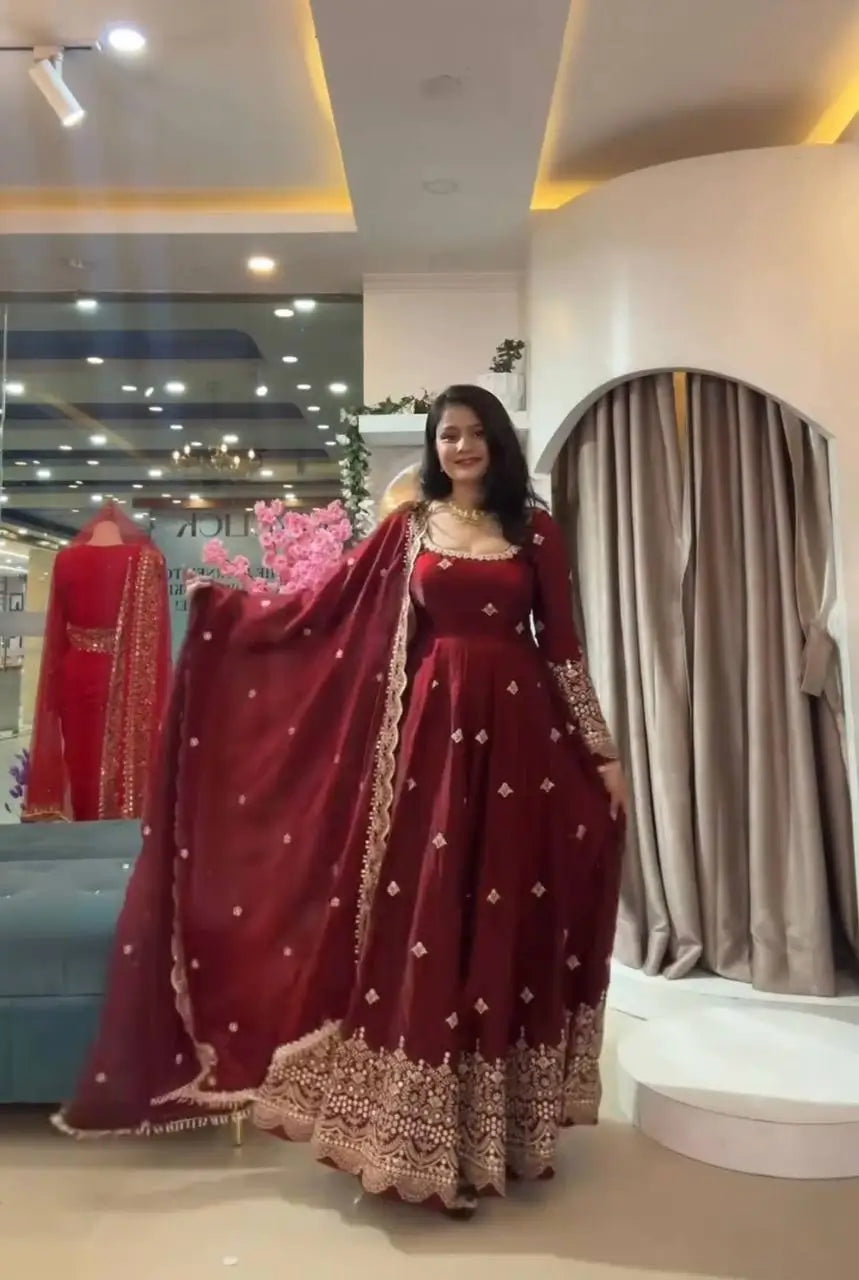 Crimson Two Tone Silk Anarkali Gown with Dupatta