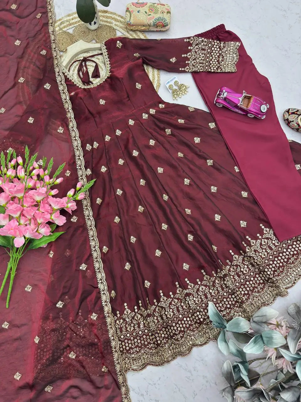 Crimson Two Tone Silk Anarkali Gown with Dupatta