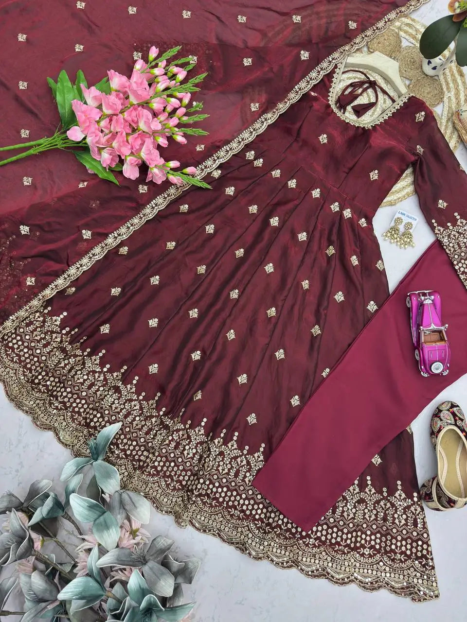 Crimson Two Tone Silk Anarkali Gown with Dupatta