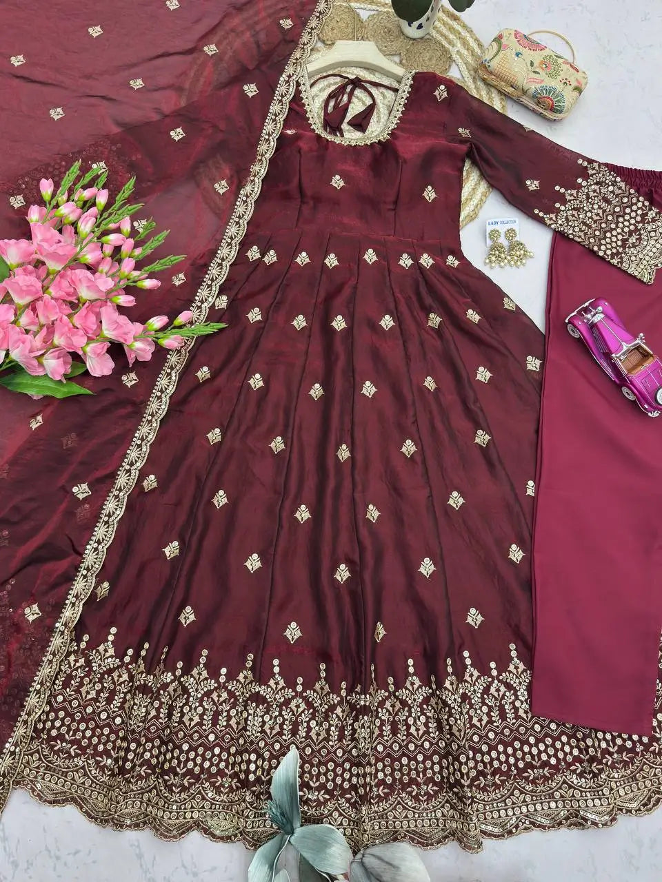 Crimson Two Tone Silk Anarkali Gown with Dupatta