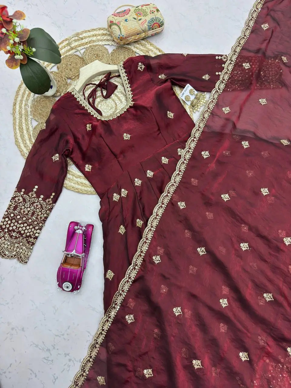 Crimson Two Tone Silk Anarkali Gown with Dupatta
