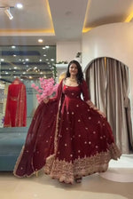 Crimson Two Tone Silk Anarkali Gown with Dupatta