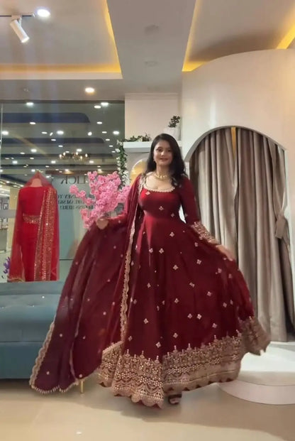 Crimson Two Tone Silk Anarkali Gown with Dupatta