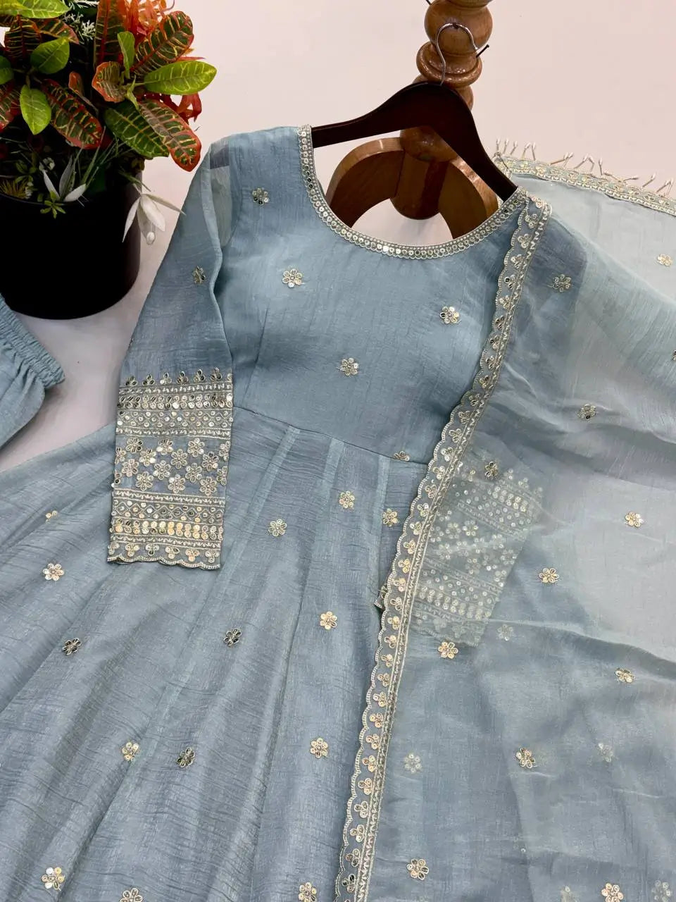 Crinkle Silk Sequin Anarkali Gown