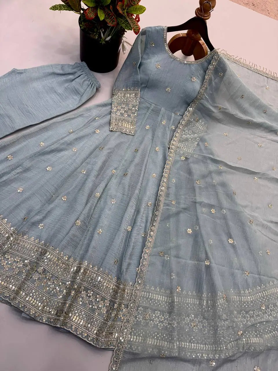 Crinkle Silk Sequin Anarkali Gown