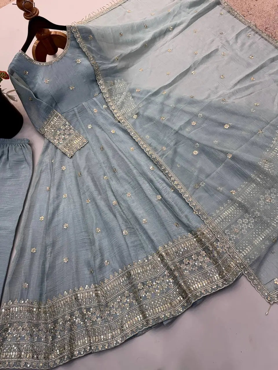 Crinkle Silk Sequin Anarkali Gown