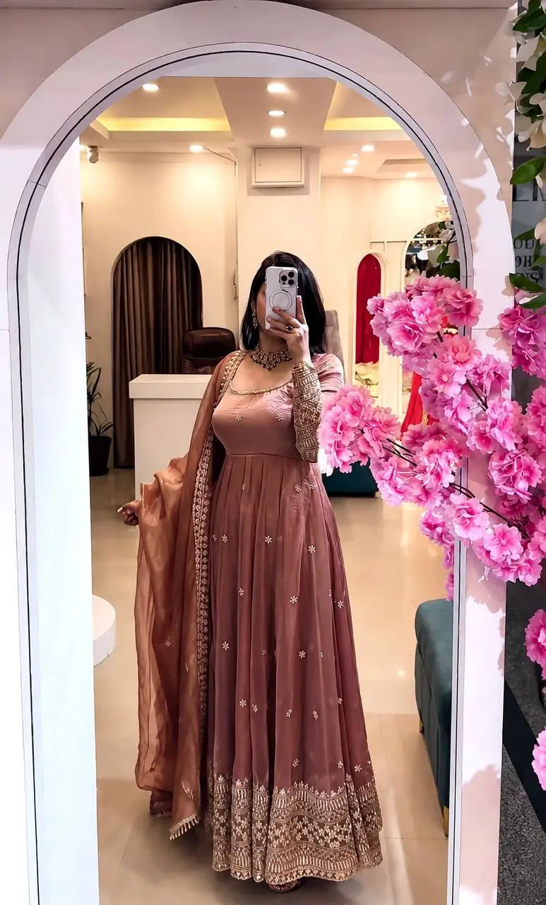 Crinkle Silk Sequin Anarkali Gown