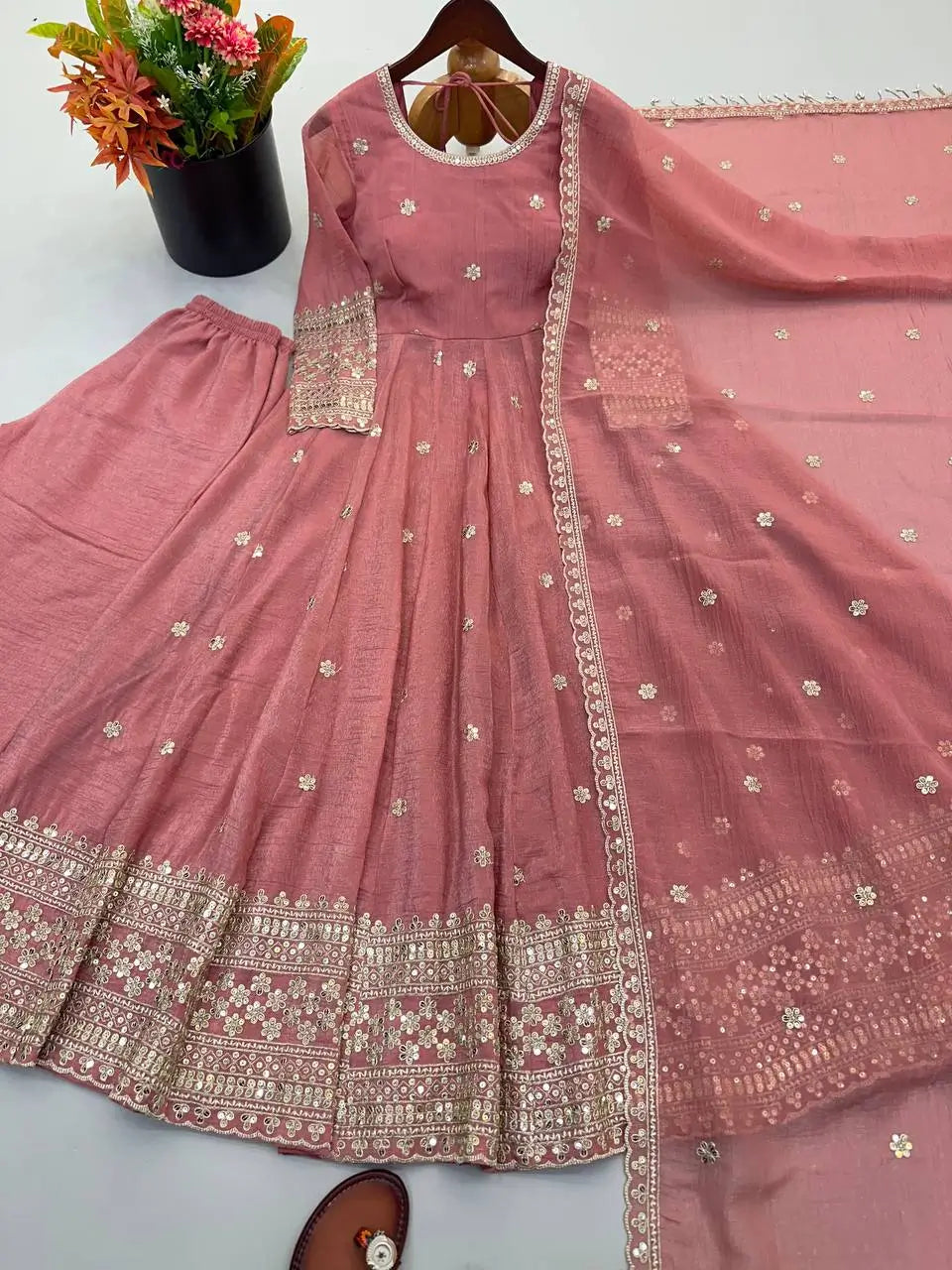 Crinkle Silk Sequin Anarkali Gown