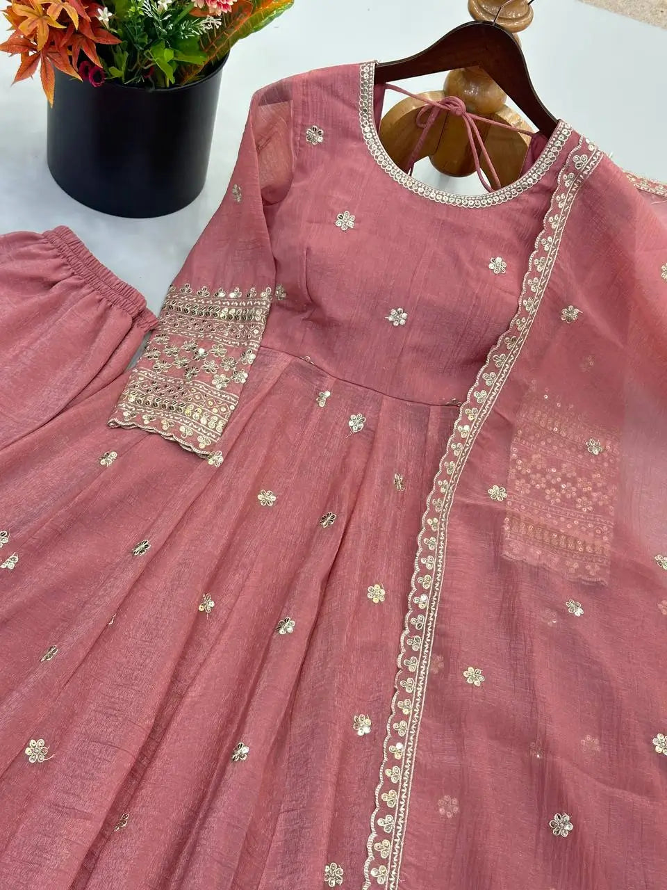 Crinkle Silk Sequin Anarkali Gown