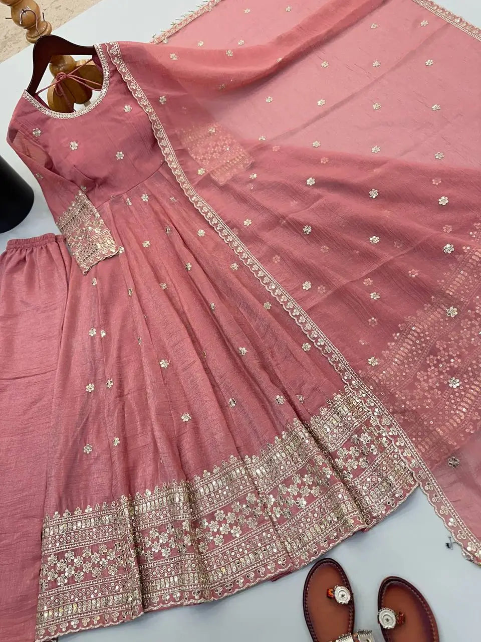 Crinkle Silk Sequin Anarkali Gown