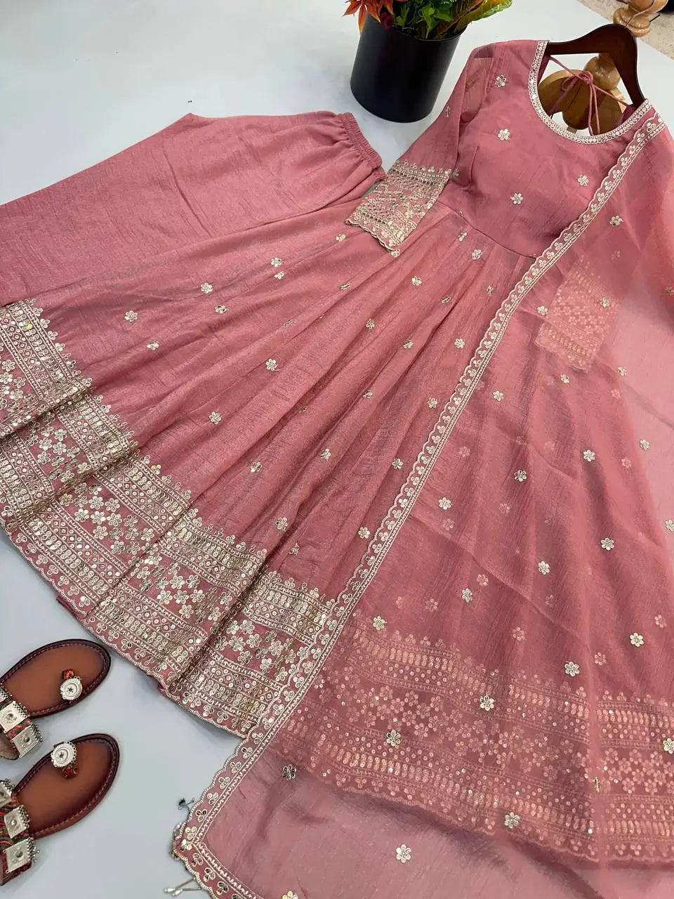 Crinkle Silk Sequin Anarkali Gown