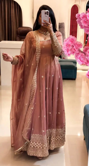 Crinkle Silk Sequin Anarkali Gown