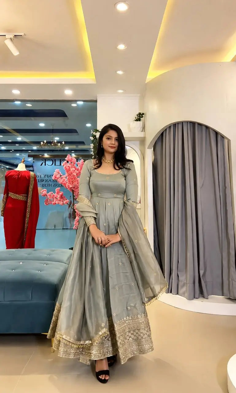 Crinkle Silk Sequin Anarkali Gown