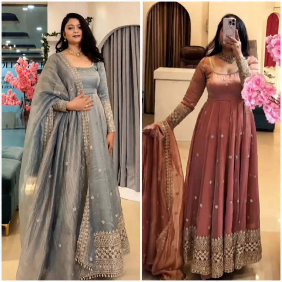 Crinkle Silk Sequin Anarkali Gown