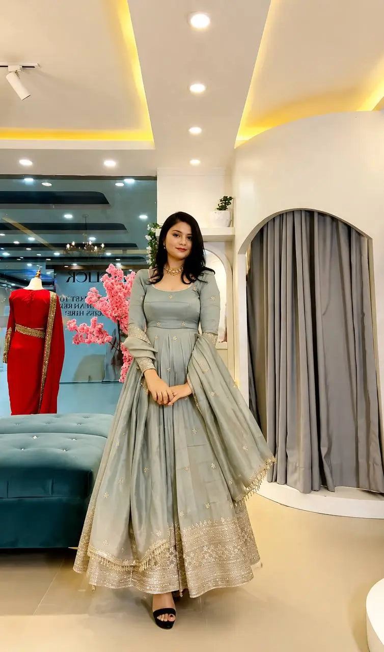Crinkle Silk Sequin Anarkali Gown