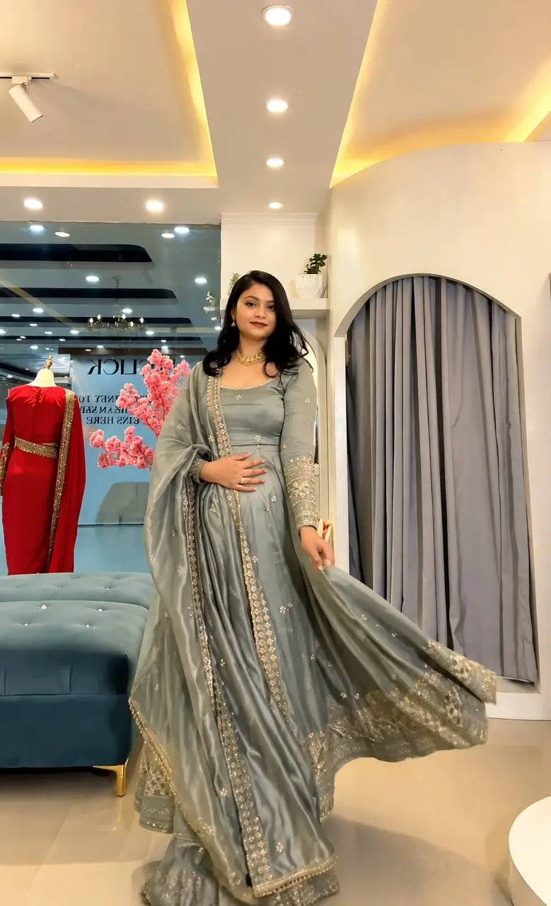 Crinkle Silk Sequin Anarkali Gown