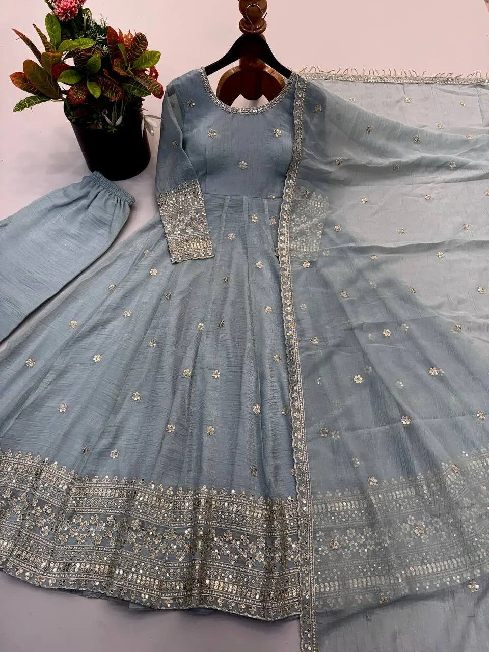 Crinkle Silk Sequin Anarkali Gown