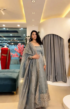 Crinkle Silk Sequin Anarkali Gown