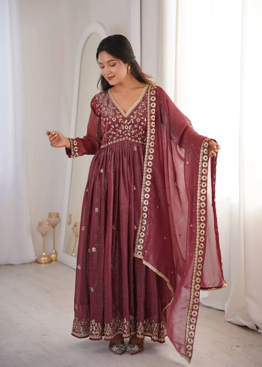 Crunchy Fabric Embroidered Anarkali Gown Set for Wedding and Festive Wear