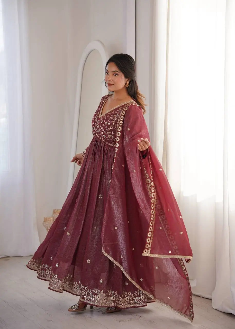 Crunchy Fabric Embroidered Anarkali Gown Set for Wedding and Festive Wear