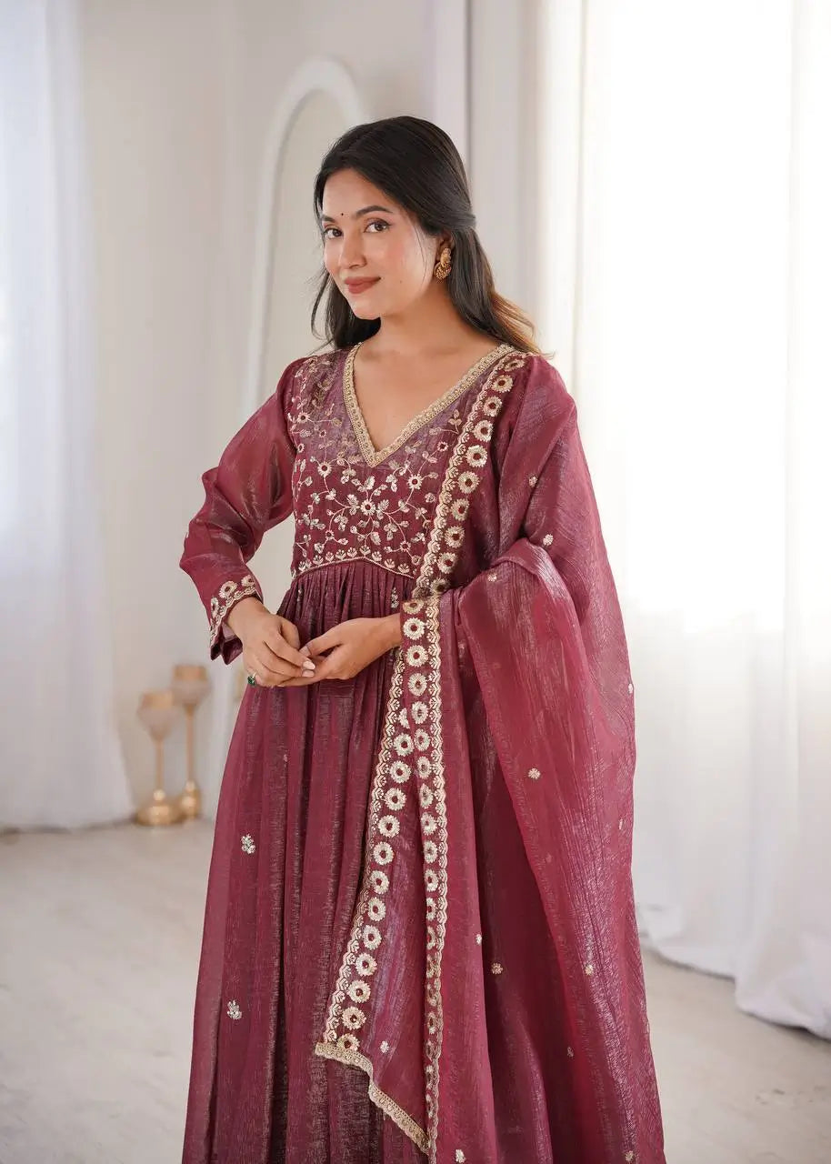 Crunchy Fabric Embroidered Anarkali Gown Set for Wedding and Festive Wear