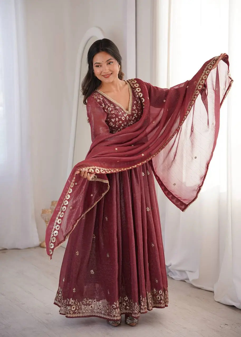 Crunchy Fabric Embroidered Anarkali Gown Set for Wedding and Festive Wear