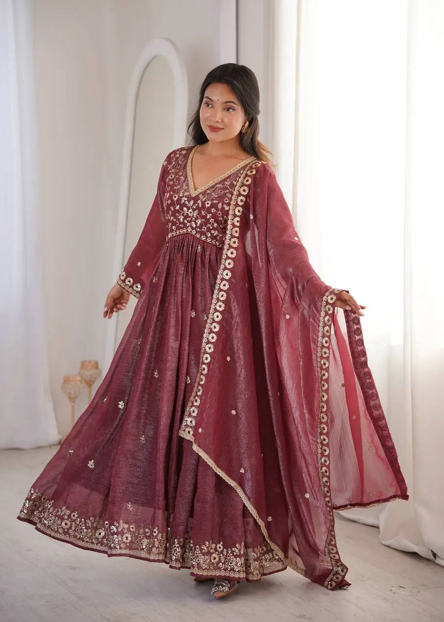 Crunchy Fabric Embroidered Anarkali Gown Set for Wedding and Festive Wear