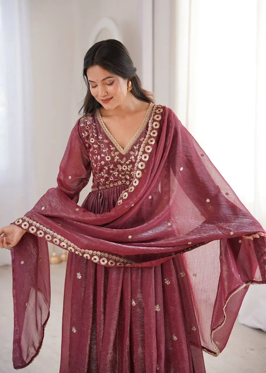 Crunchy Fabric Embroidered Anarkali Gown Set for Wedding and Festive Wear