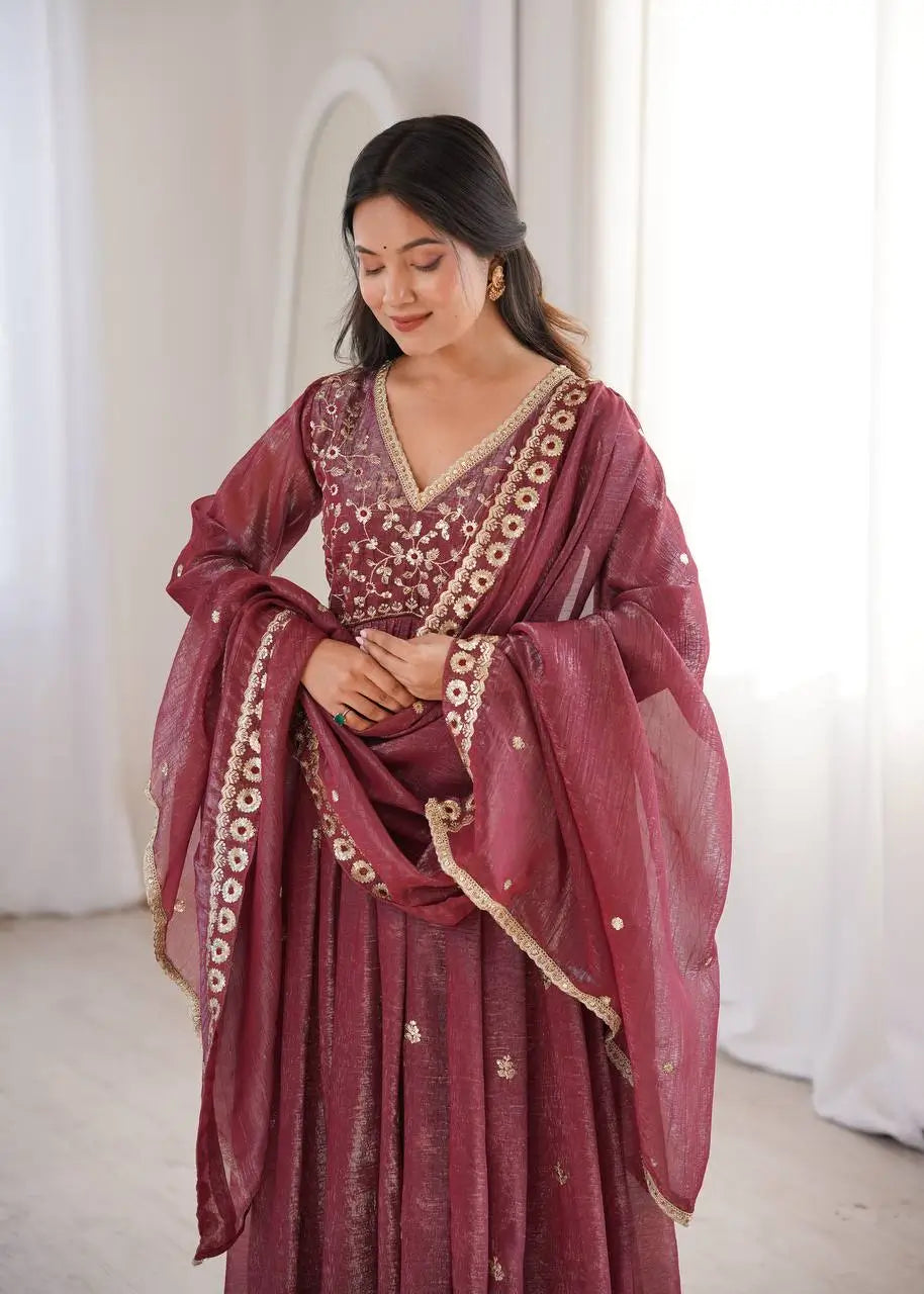Crunchy Fabric Embroidered Anarkali Gown Set for Wedding and Festive Wear