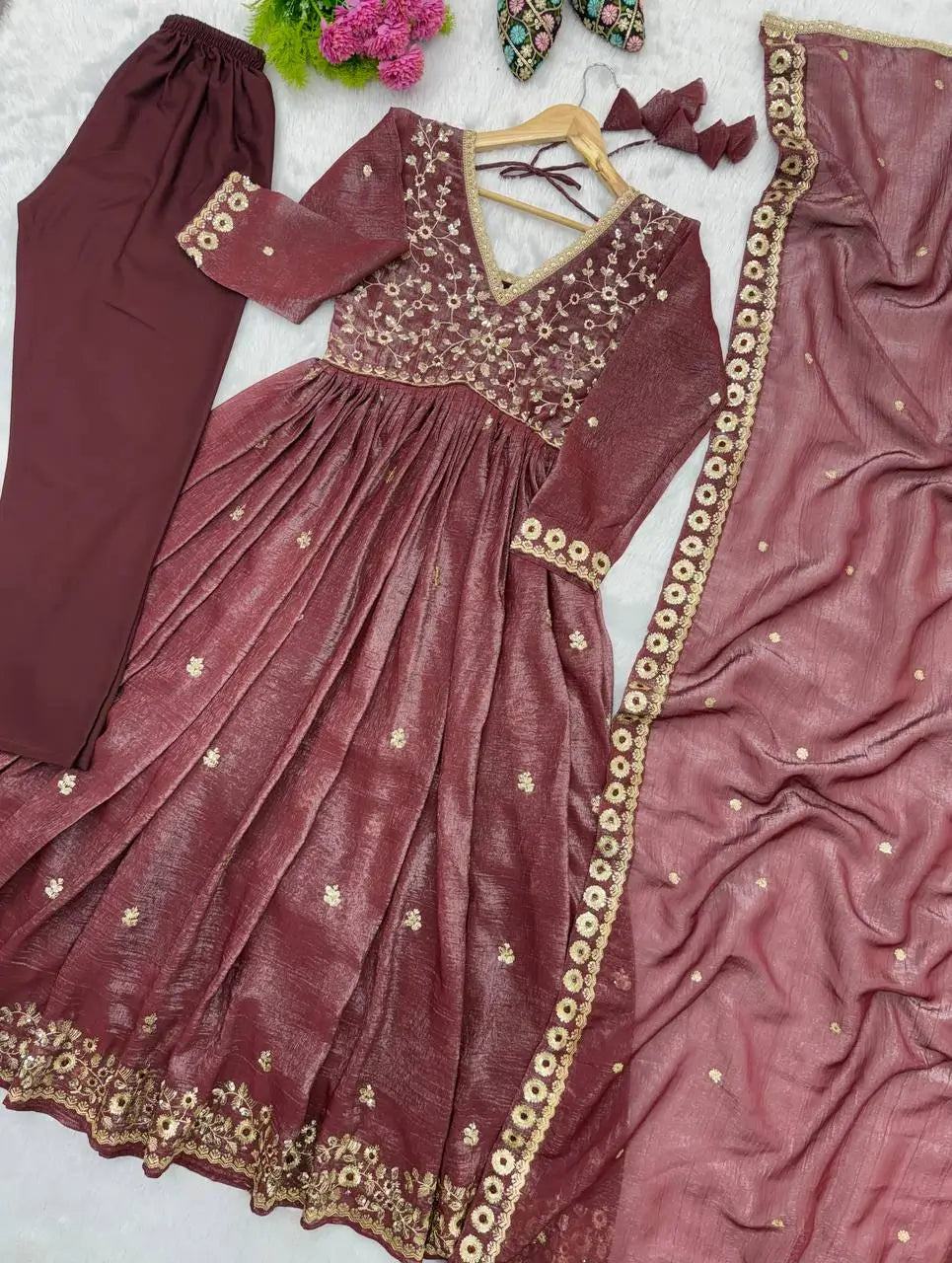 Crunchy Fabric Embroidered Anarkali Gown Set for Wedding and Festive Wear