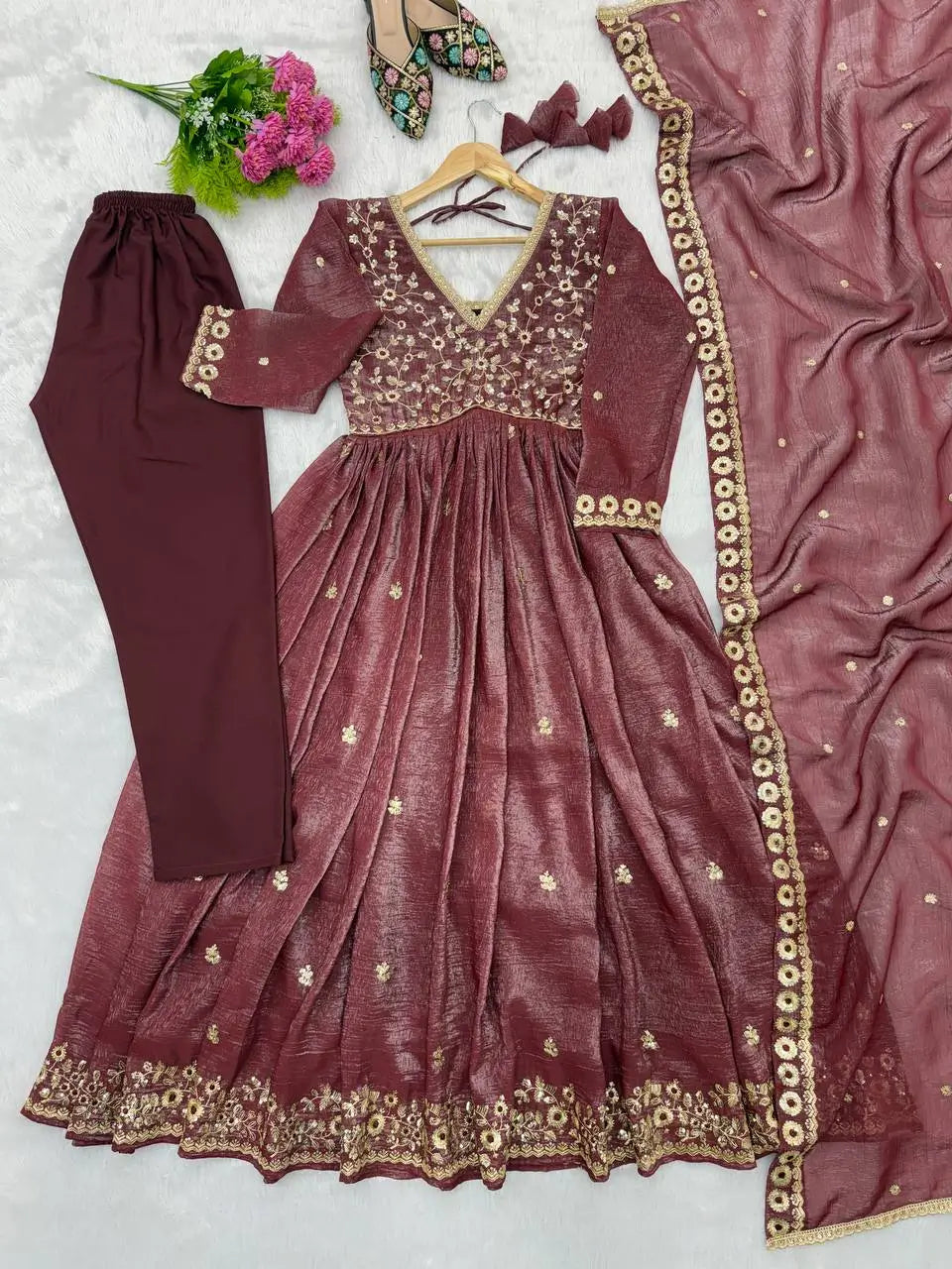 Crunchy Fabric Embroidered Anarkali Gown Set for Wedding and Festive Wear