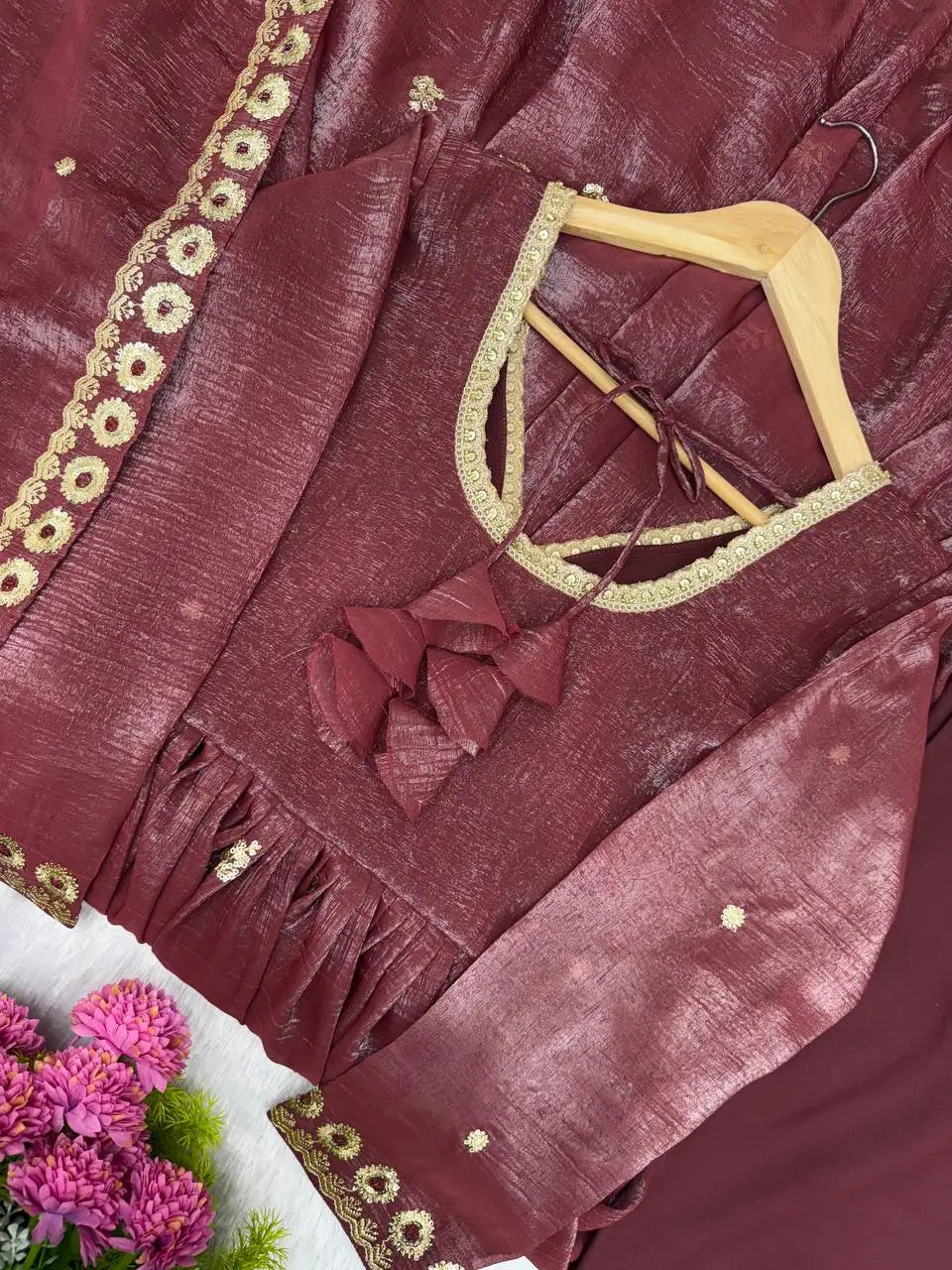 Crunchy Fabric Embroidered Anarkali Gown Set for Wedding and Festive Wear